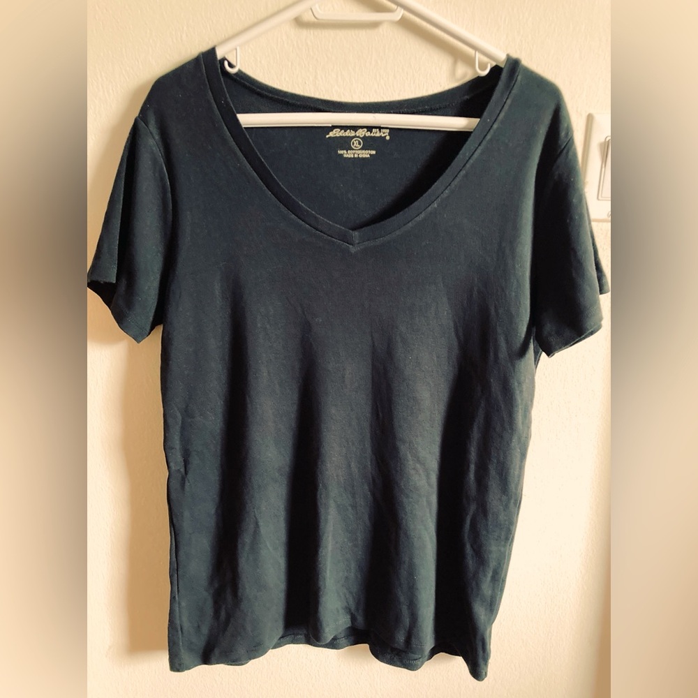 EDDIE BAUER - Black V-Neck - Stretchy 100% Cotton Knit T-Shirt - XL